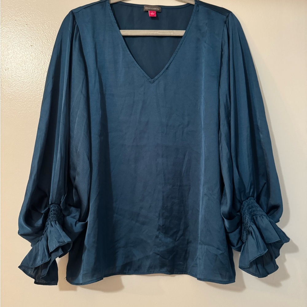 Vince Camuto Teal V-Neck Satin Blouse